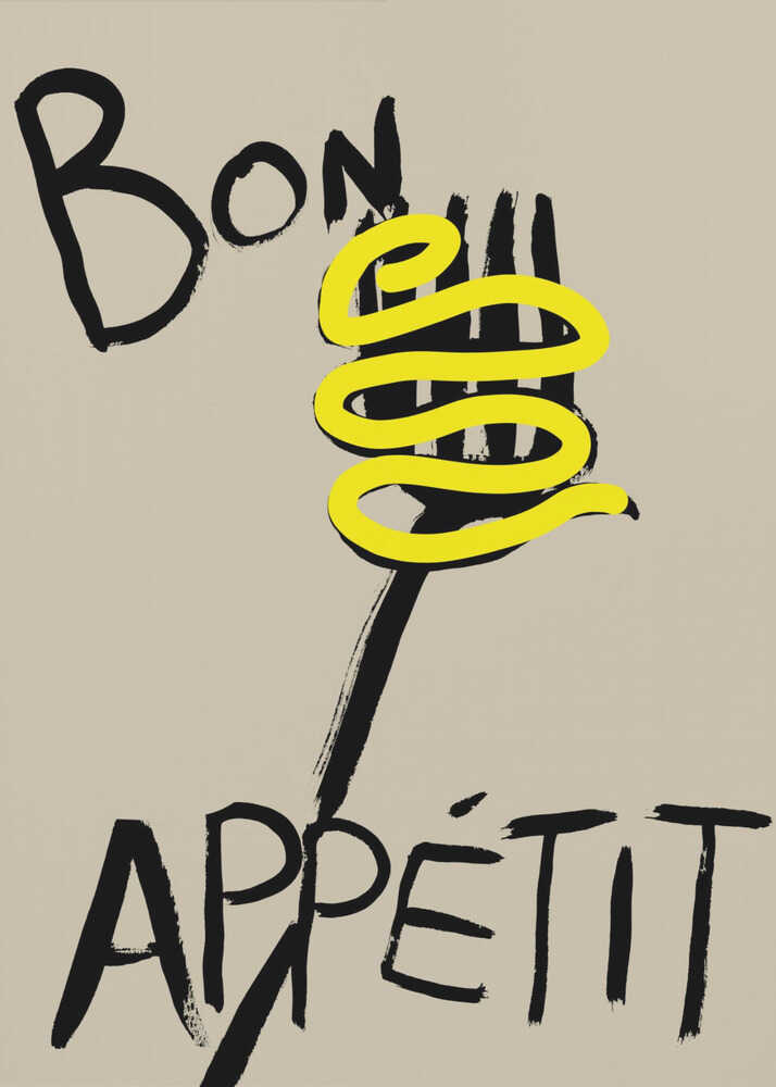Poster artwork with “Bon Appétit” in bold black brush letters, a black fork, and a swirl of bright yellow spaghetti on a beige background.