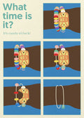 A graphic art print titled "What time is it? It's candy o'clock!". The poster features a six-panel grid illustration showing a multi-colored candy watch on a wrist. In each successive panel, pieces of the candy watch are bitten away until only the thin elastic band remains. The design uses flat colors of blue, brown, and various candy tones on a cream background.