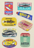 Illustration of various colorful tinned fish cans including sardines mackerel and caviar paste on a beige background retro kitchen wall art.