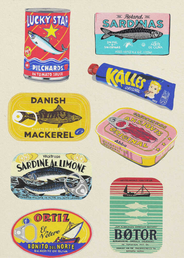 Illustration of various colorful tinned fish cans including sardines mackerel and caviar paste on a beige background retro kitchen wall art.