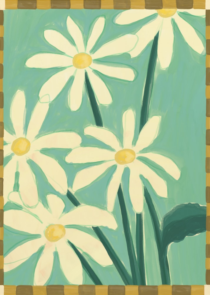Cheerful Painted Daisies poster by Sophia Holgate featuring white daisies with yellow centres on a turquoise background with green leaves.