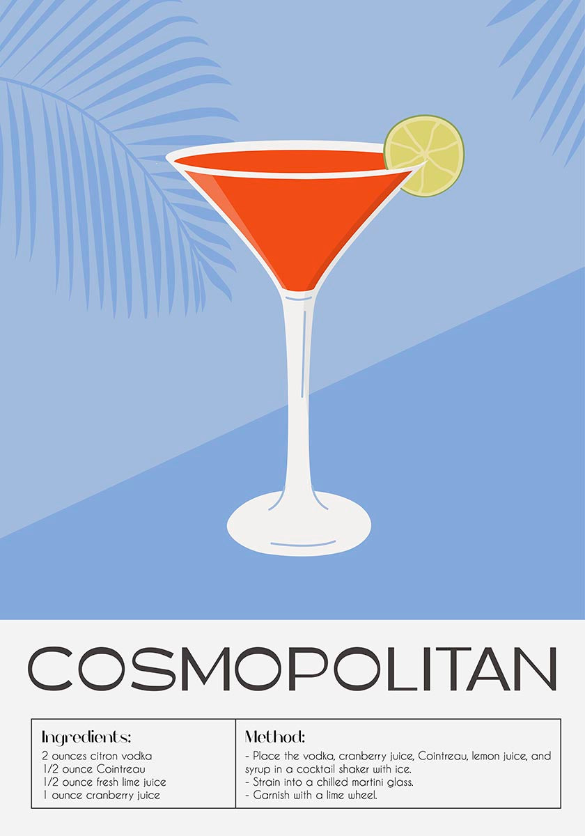 Contemporary poster illustrating a Cosmopolitan cocktail recipe, with a martini glass filled with the pink-hued drink, accented by a lime wheel garnish, set against a serene blue background with palm shadows.