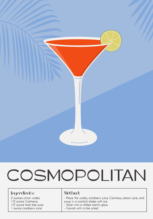 コスモポリタン・カクテルのレシピが描かれたコンテンポラリーなポスター。ピンク色の飲み物で満たされたマティーニ・グラスに、ライム・ホイールのガーニッシュがアクセントを添え、椰子の影が描かれた落ち着いたブルーの背景に置かれている。