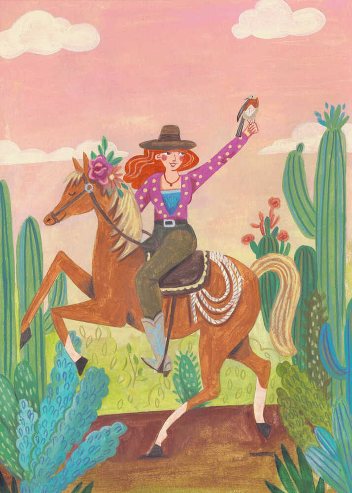 Illustration of a cowgirl riding a horse through a colorful desert landscape, created by Caroline Bonne Müller.
