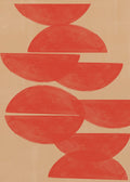 Crimson Symmetry by THE MIUUS STUDIO, an abstract print with textured vermilion-red semicircles overlapping on a sandy beige background.