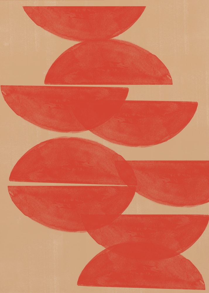 Crimson Symmetry by THE MIUUS STUDIO, an abstract print with textured vermilion-red semicircles overlapping on a sandy beige background.