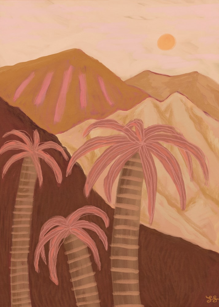 Desert Palms Sunset poster by Sophia Holgate featuring pink palm trees, desert mountains and a warm sunset in earthy tones