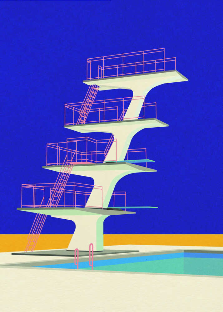 A minimalist graphic art print of a multi-level white diving platform with pink railings. The tower stands next to a turquoise swimming pool on a cream-colored deck. The background features a solid golden-yellow horizontal band and a deep blue sky, all rendered in a flat-color geometric style.