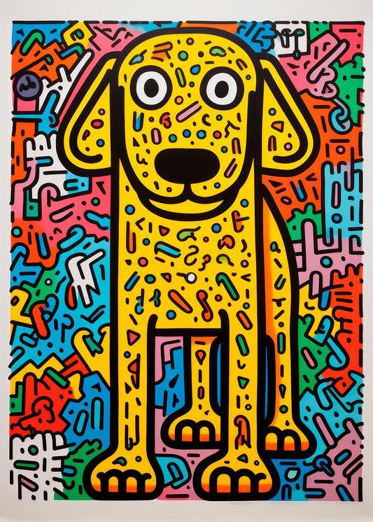 Colorful pop art style poster featuring a bright yellow dog surrounded by abstract patterns in vivid colors, ideal for children's spaces.
