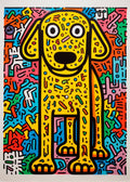 Colorful pop art style poster featuring a bright yellow dog surrounded by abstract patterns in vivid colors, ideal for children's spaces.