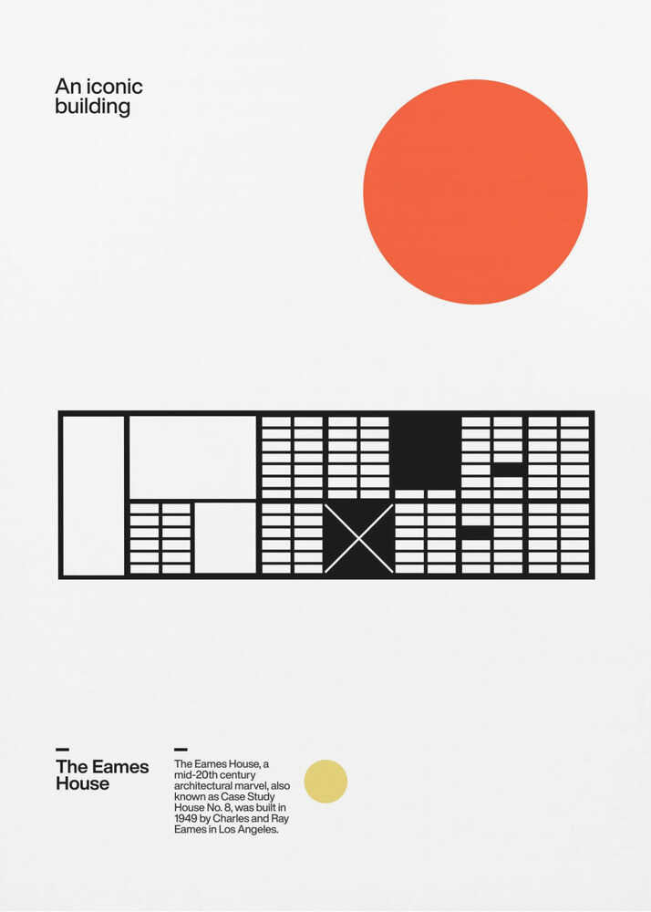 Minimalist poster of the Eames House featuring a bold red circle, a black-and-white schematic of the house's layout, and modern typography. A tribute to mid-century architecture by Charles and Ray Eames.