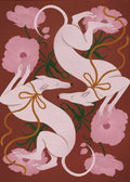 A stylized digital illustration of two slender, cream-colored greyhounds arranged in a symmetrical, swirling composition. The dogs are adorned with gold ribbons tied in bows around their necks. They are surrounded by large, soft pink peony blossoms with green leaves against a solid terracotta red background. The art style is flat and modern with a gentle, matte texture.
