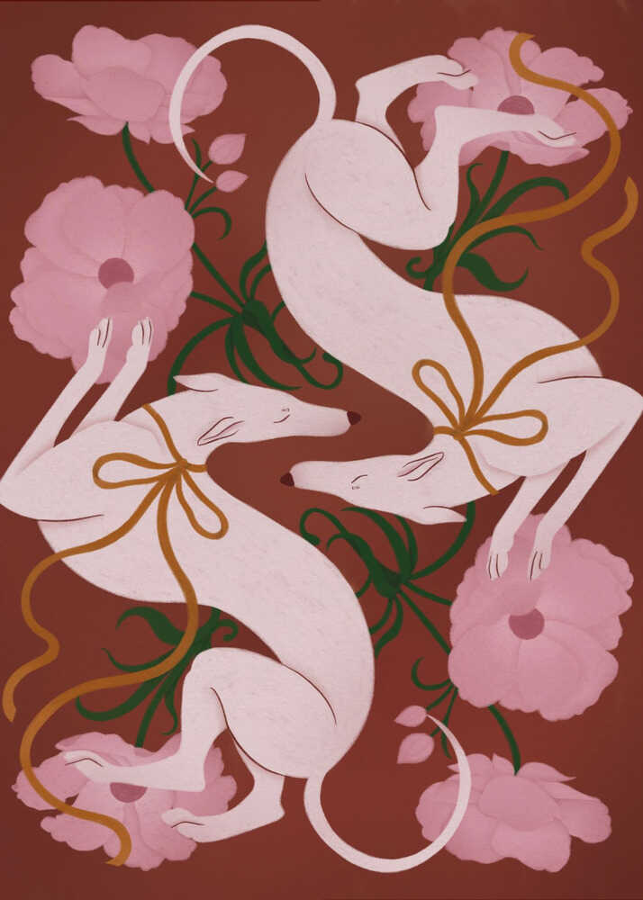 A stylized digital illustration of two slender, cream-colored greyhounds arranged in a symmetrical, swirling composition. The dogs are adorned with gold ribbons tied in bows around their necks. They are surrounded by large, soft pink peony blossoms with green leaves against a solid terracotta red background. The art style is flat and modern with a gentle, matte texture.