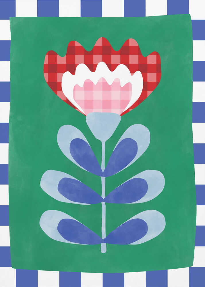 A modern folk-art illustration of a stylized flower on an emerald green background. The flower head features a red and dark red gingham pattern with a pink gingham center and white scalloped edges. It sits on a light blue stem with six rounded, two-tone blue leaves. The entire image is framed by a bold cobalt blue and white checkered border, all rendered with a soft, painterly watercolor texture.