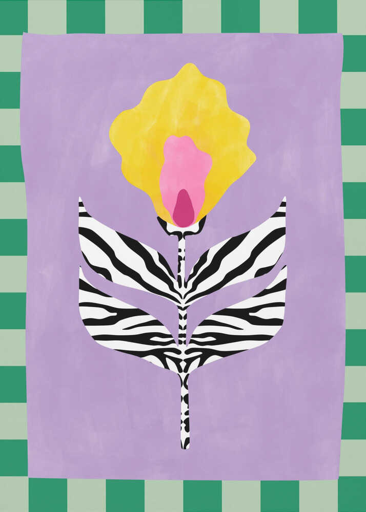 A contemporary art illustration of a stylized flower on a soft lavender purple background. The flower head is bright yellow with a pink and magenta center. The stem and four large, pointed leaves feature a bold black-and-white zebra stripe pattern. The entire image is enclosed in a light and dark green checkered border, rendered in a soft watercolor texture.