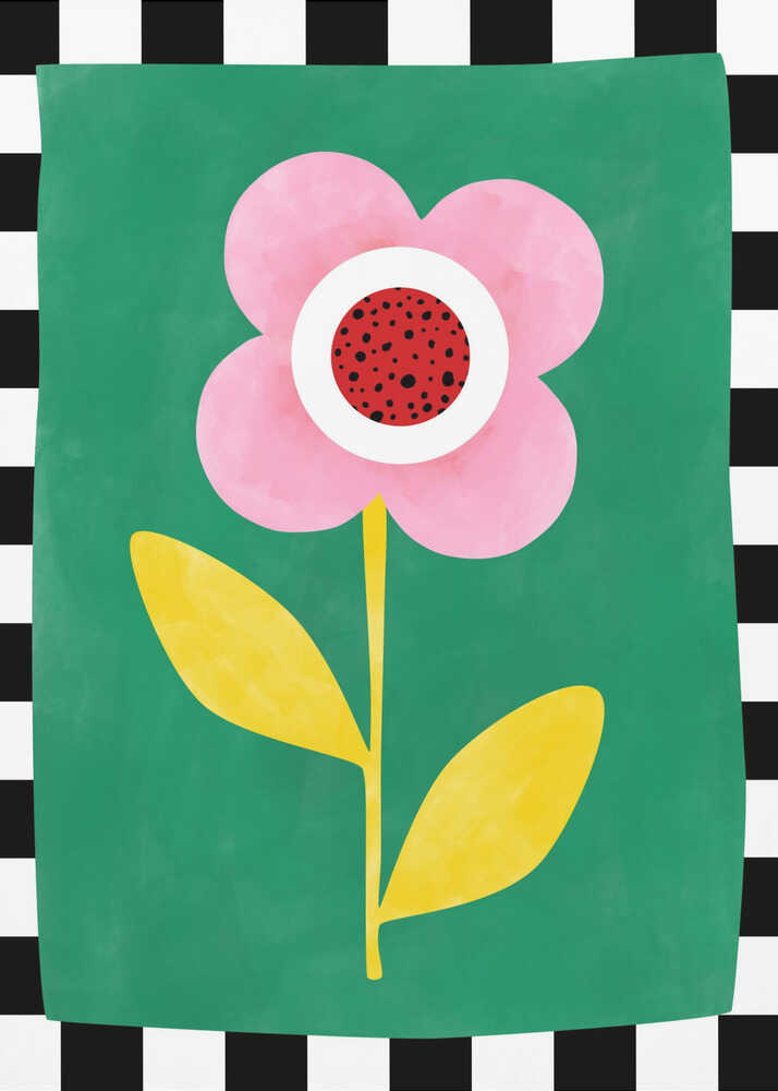 A vibrant, modern art illustration of a single pink flower with four rounded petals and a red, spotted center. The flower has a thin yellow stem and two yellow leaves, set against a solid emerald green background. The entire image is framed by a bold black-and-white checkered border, and the colors have a soft, painterly watercolor texture.