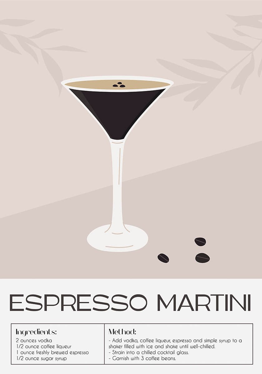 Minimalistic poster showcasing an Espresso Martini cocktail in a martini glass with three coffee beans as garnish, against a soft taupe background with shadowy leaf patterns