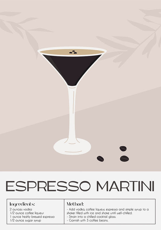 マティーニグラスにエスプレッソ・マティーニ・カクテルを入れ、3粒のコーヒー豆を添えたミニマルなポスター。背景は柔らかなトープ色で、陰影のある葉の模様が描かれている。