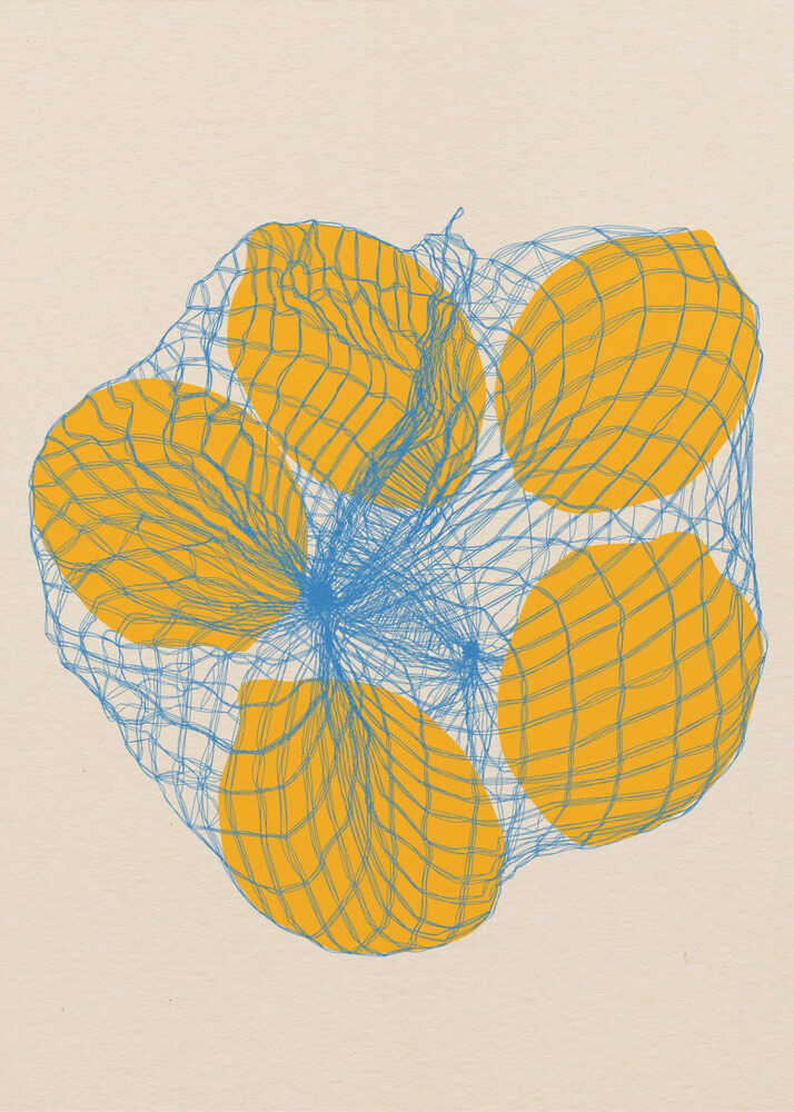 A contemporary art print featuring five vibrant yellow lemons contained within a detailed blue mesh produce bag. The illustration uses a minimalist, flat-color style for the lemons and fine-line sketching for the netting, all set against a warm, off-white textured background.