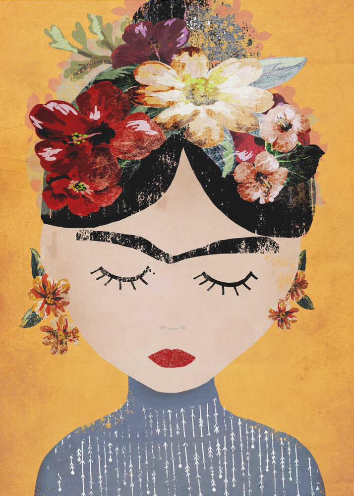 Illustration of a woman with a flower crown inspired by Frida Kahlo, titled Floral Serenity by Treechild. Textured yellow background with red and white flowers.