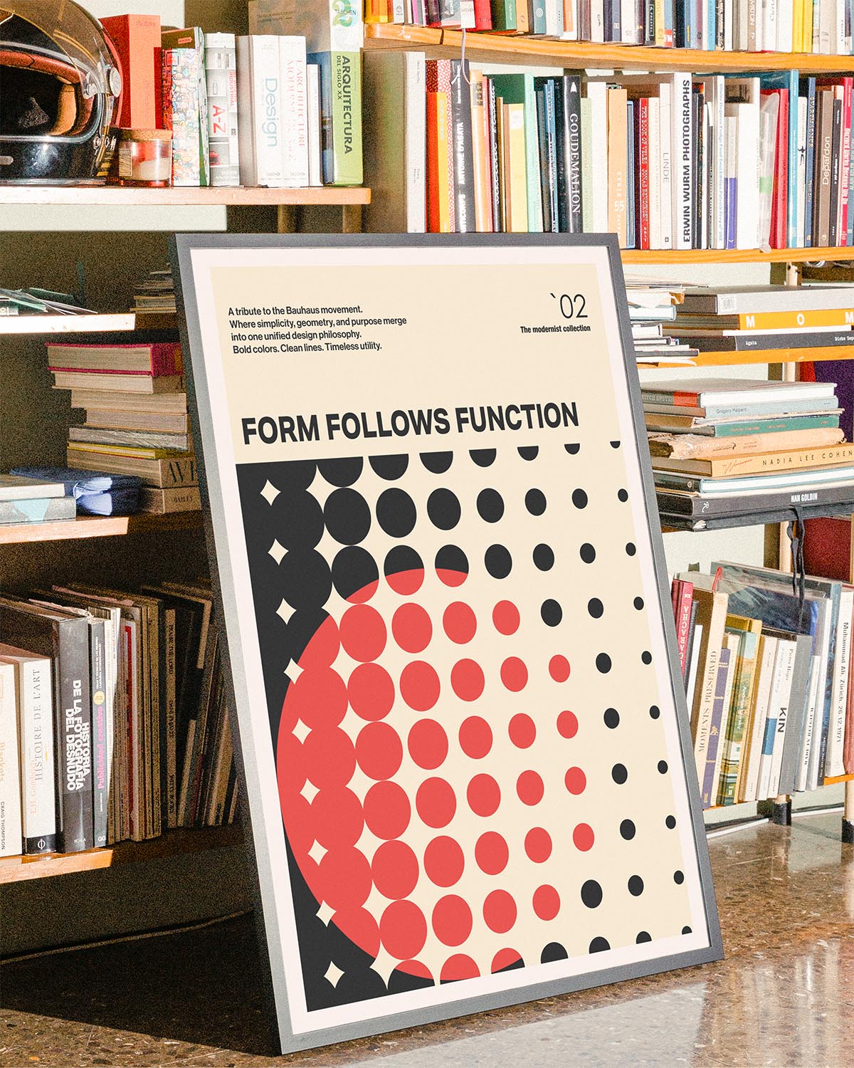 Modernist poster featuring geometric black and red circles in a Bauhaus-inspired grid on a beige background with the phrase “Form Follows Function.”