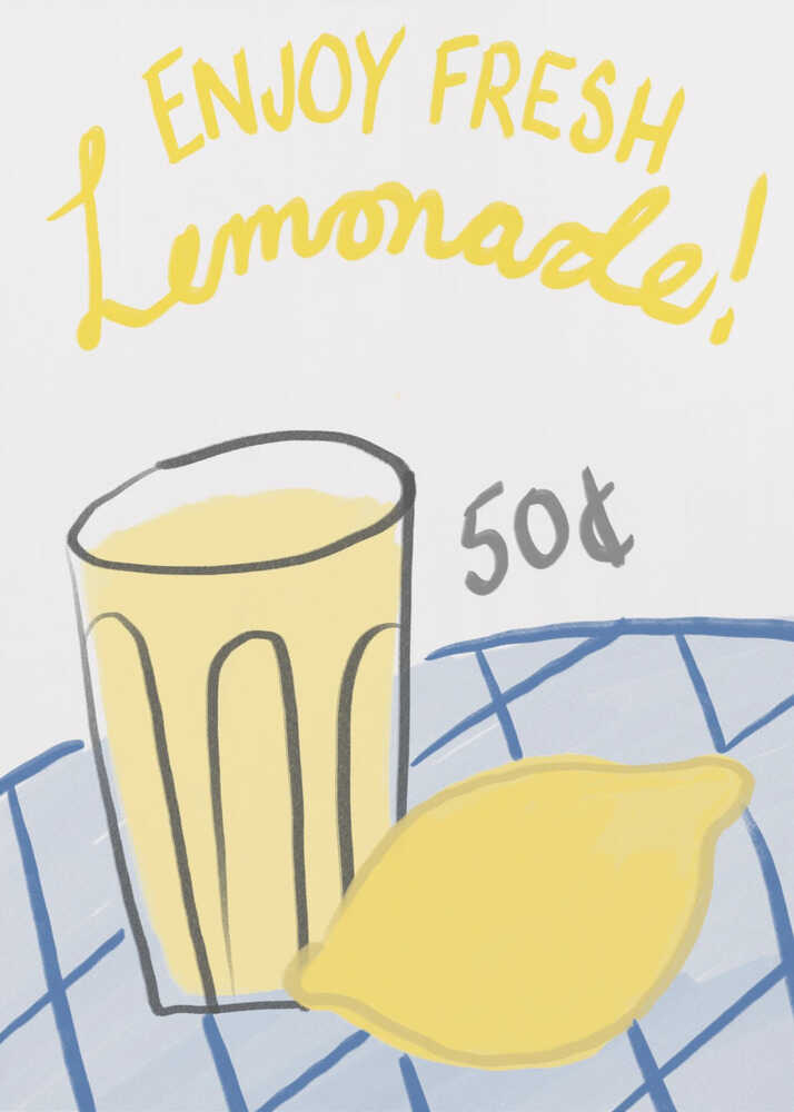 llustrated poster of a glass of lemonade and a lemon with the text “Enjoy Fresh Lemonade! 50¢” in cheerful, hand-drawn yellow and gray lettering on a checkered blue tablecloth background.