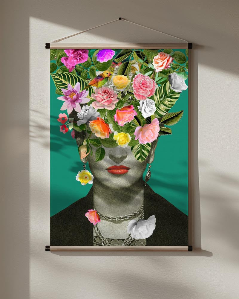 Surreal floral portrait of Frida Kahlo with vibrant flowers and leaves blooming from her head, created by Frida Floral Studio.