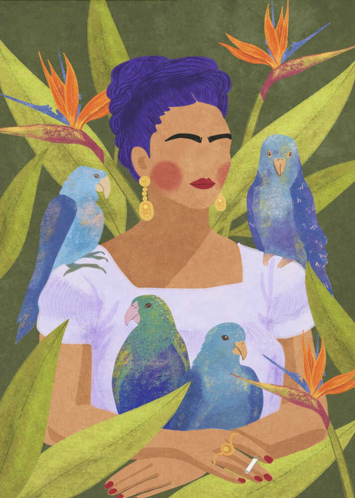 A minimalist digital illustration of Frida Kahlo with a unibrow and purple braided hair, surrounded by four blue and green parrots and orange Bird of Paradise flowers against a dark green leafy background.