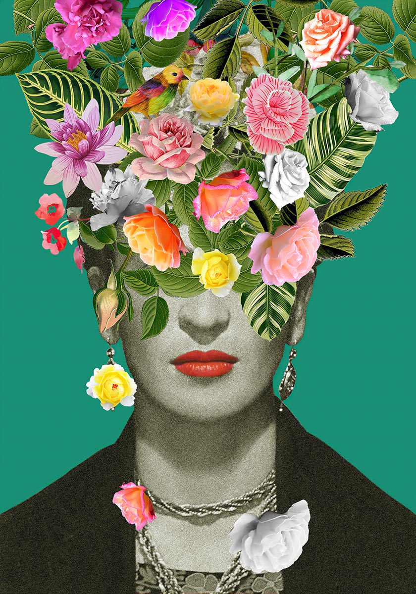 Surreal floral portrait of Frida Kahlo with vibrant flowers and leaves blooming from her head, created by Frida Floral Studio.