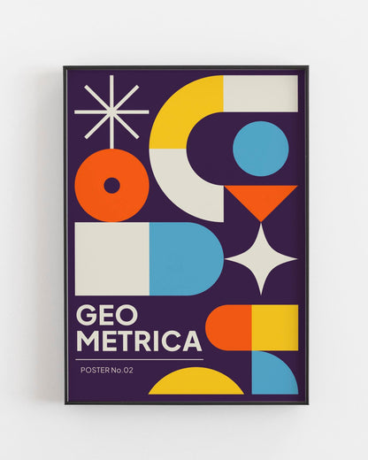 Bauhaus-inspired 'Geo Metrica Poster No.02' featuring bold geometric shapes in orange, blue, yellow, and white on a deep purple background