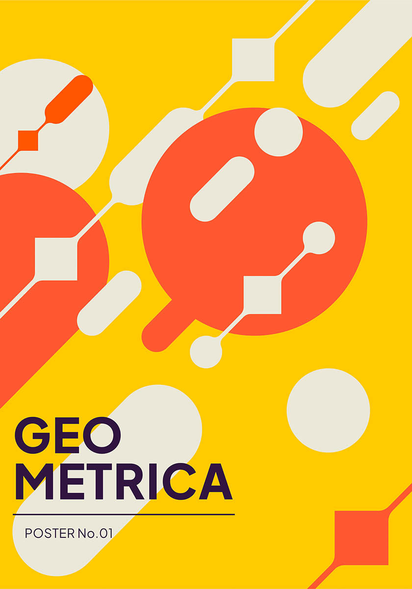 Bauhaus-style poster titled 'GEO METRICA' with bold red and white geometric shapes against a bright yellow background