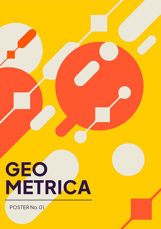 GEO METRICA」と題されたバウハウス風のポスター。明るい黄色を背景に、赤と白の大胆な幾何学模様が描かれている。