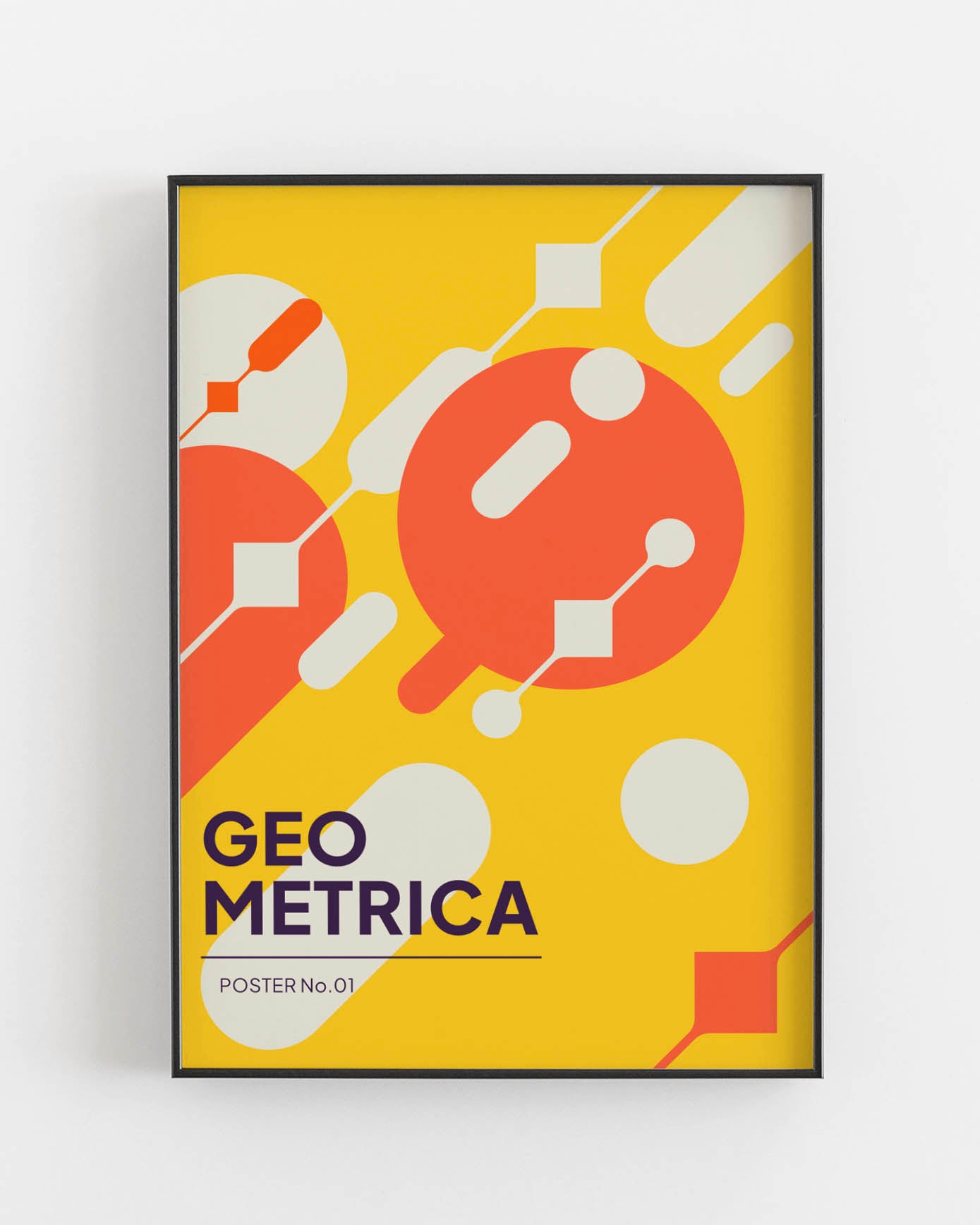 Bauhaus-style poster titled 'GEO METRICA' with bold red and white geometric shapes against a bright yellow background