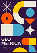 Bauhaus-inspired 'Geo Metrica Poster No.02' featuring bold geometric shapes in orange, blue, yellow, and white on a deep purple background