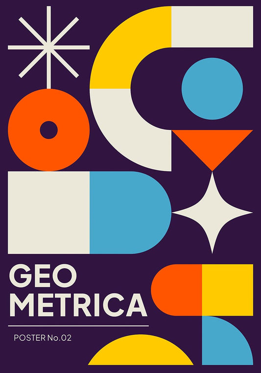 バウハウスにインスパイアされた「Geo Metrica Poster No.02」は、深い紫色の背景にオレンジ、青、黄、白の大胆な幾何学図形が描かれている。