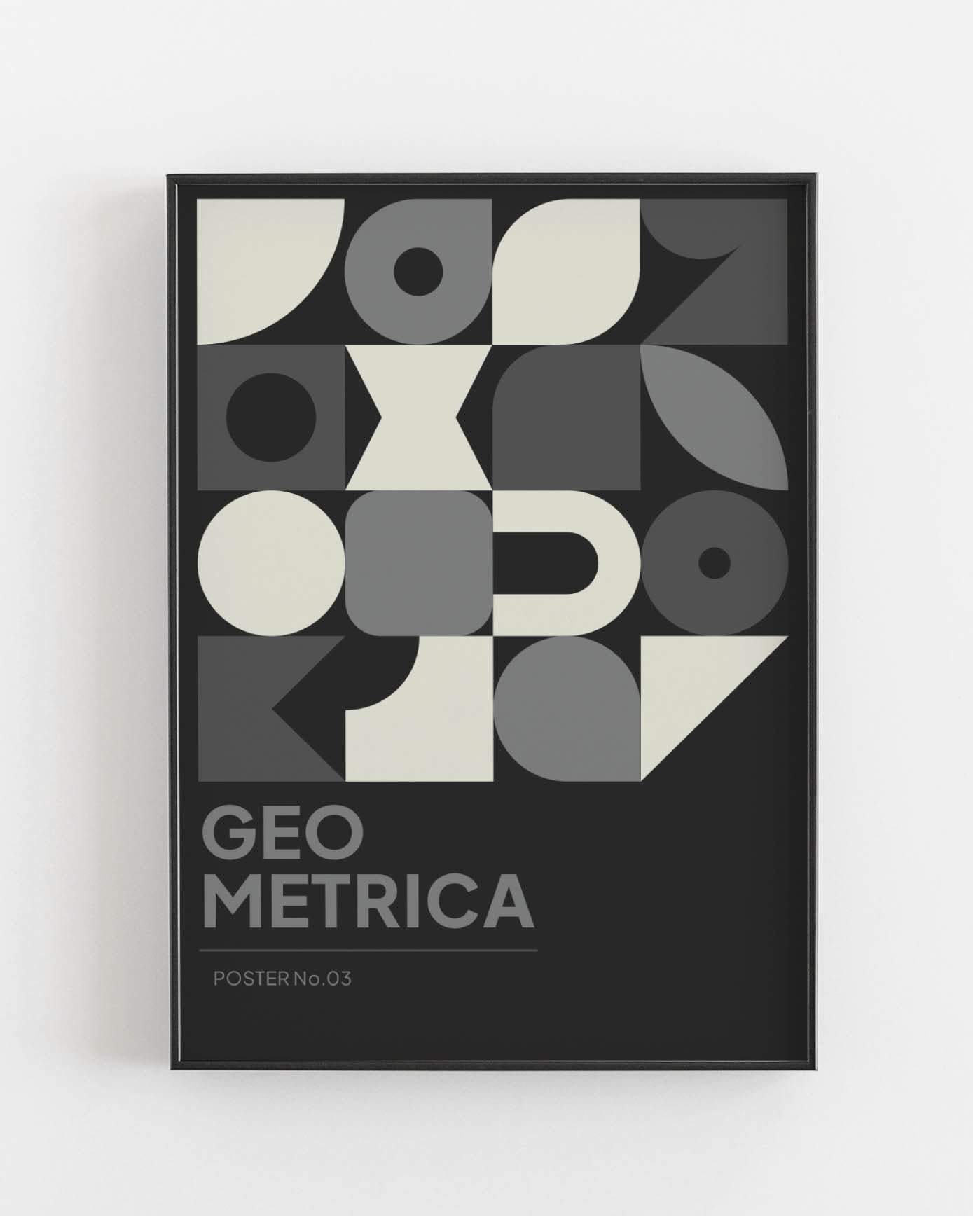 Bauhaus-inspired black and white geometric abstract poster titled 'Geo Metrica', showcasing an array of circles, triangles, and rectangles
