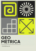 Vibrant yellow and black geometric poster 'Geo Metrica No.04', showcasing spirals, squares, and angular designs, inspired by the Bauhaus movement.