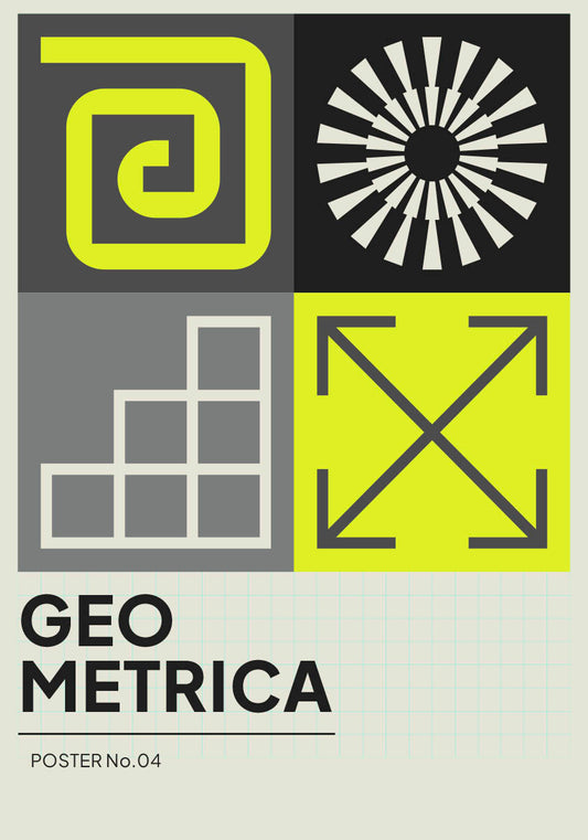 Vibrant yellow and black geometric poster 'Geo Metrica No.04', showcasing spirals, squares, and angular designs, inspired by the Bauhaus movement.