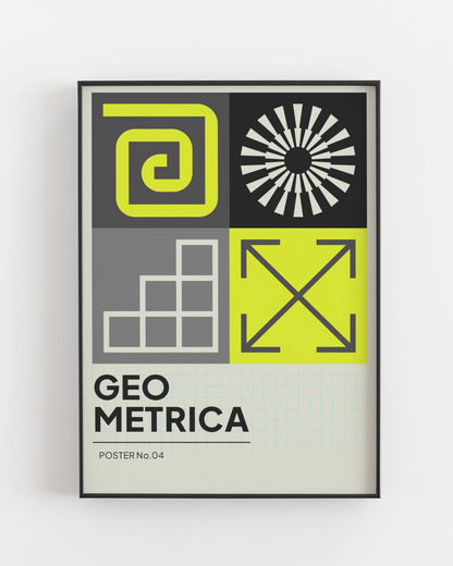 Vibrant yellow and black geometric poster 'Geo Metrica No.04', showcasing spirals, squares, and angular designs, inspired by the Bauhaus movement.