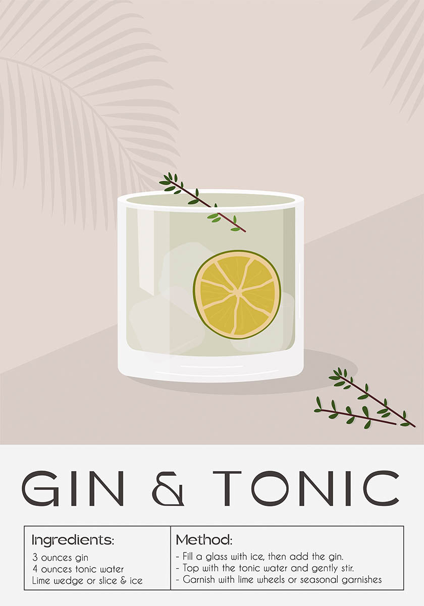 Sophisticated poster displaying a Gin & Tonic cocktail recipe, with a clear glass containing the iconic drink, garnished with a lime wheel and a sprig of thyme, set against a beige background with palm leaf shadows.