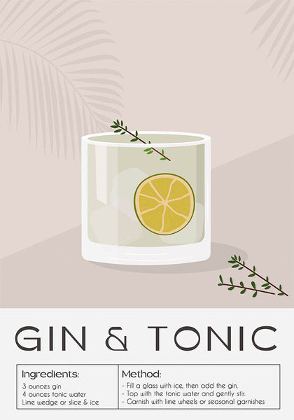 Gin & Tonic Cocktail Recipe Poster – Classic Bar Art for Home