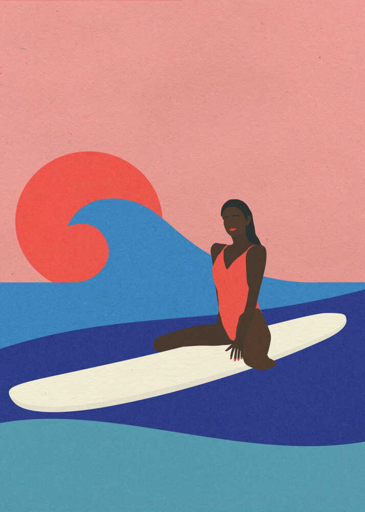 A minimalist graphic art print of a woman with dark skin sitting on a white surfboard in the ocean. She is wearing a coral-colored swimsuit. The background features layered blue and indigo waves, a large orange sun, and a solid pink sky, all rendered in a flat-color geometric style with a subtle paper texture.