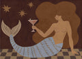 A retro, mid-century modern style graphic illustration by Sharyn Bursic featuring a stylized mermaid resting on a dark-and-light checkered floor. She has flowing, voluminous brown hair and a light slate-blue tail with wavy scale patterns. In one hand, she raises a martini glass garnished with olives. The background is a rich, dark brown texture adorned with three simple, multi-pointed beige stars in the upper left corner. The artwork has flat color blocks, bold outlines, and a sophisticated, folk-art-inspir