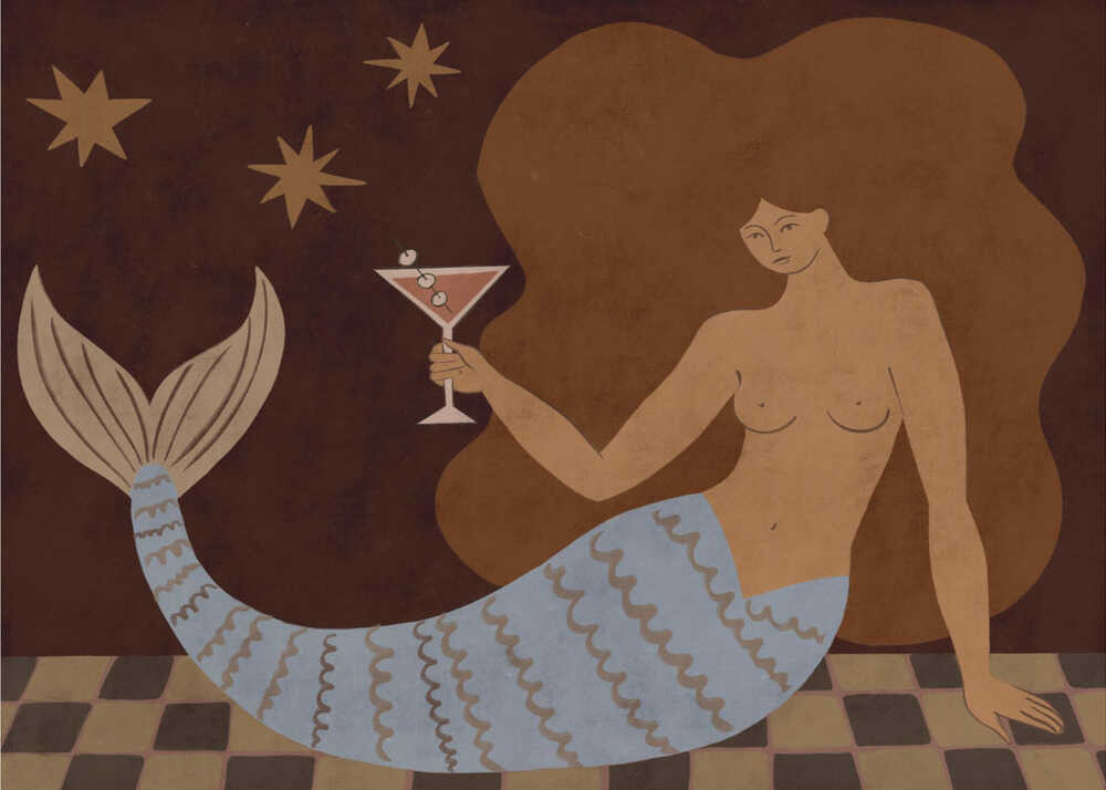 A retro, mid-century modern style graphic illustration by Sharyn Bursic featuring a stylized mermaid resting on a dark-and-light checkered floor. She has flowing, voluminous brown hair and a light slate-blue tail with wavy scale patterns. In one hand, she raises a martini glass garnished with olives. The background is a rich, dark brown texture adorned with three simple, multi-pointed beige stars in the upper left corner. The artwork has flat color blocks, bold outlines, and a sophisticated, folk-art-inspir