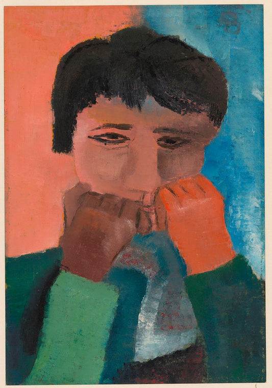  A colorful portrait poster by Hendrik Nicolaas Werkman featuring an abstract depiction of a figure with a contemplative expression. The figure's face is painted with simple, expressive lines against a backdrop of bold, contrasting colors—orange and blue.