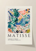 Henri Matisse Landscape at Collioure 1905 art poster featuring colourful abstract brushstrokes in blue, green, coral and orange with elegant museum-style typography.

