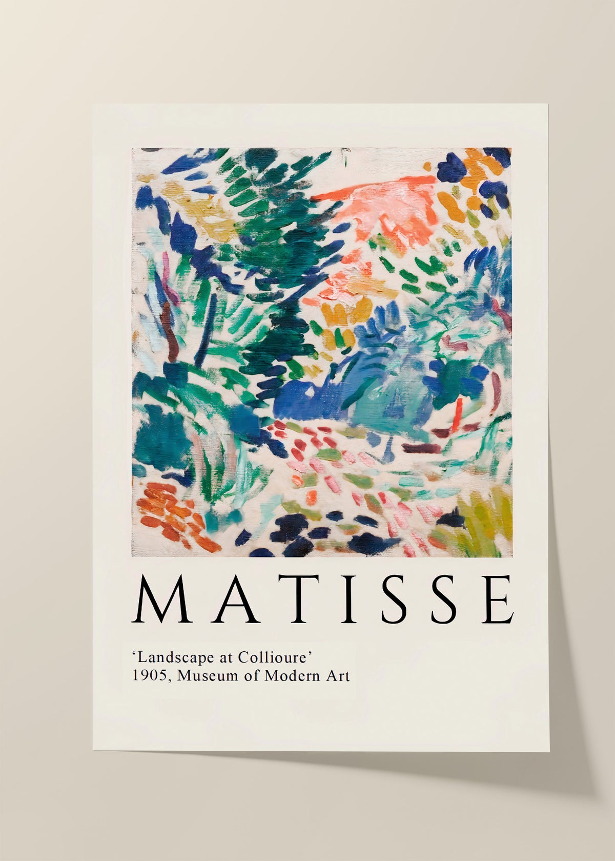 Henri Matisse Landscape at Collioure 1905 art poster featuring colourful abstract brushstrokes in blue, green, coral and orange with elegant museum-style typography.

