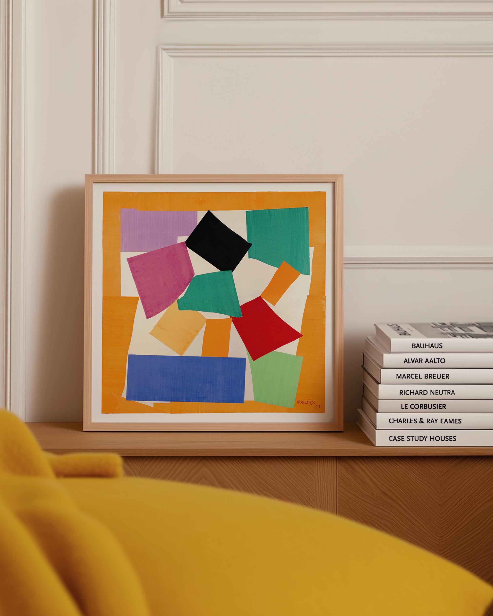 Henri Matisse The Snail poster featuring colorful abstract paper cut-out shapes on an orange background, 1953.