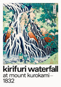 Kirifuri Waterfall at Mount Kurokami by Hokusai Japanese woodblock print showing cascading waterfall and figures in nature (1832).