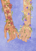 An illustration of two hands linked at the pinky fingers against a textured purple-lavender background. Vibrant pink roses and small white flowers grow along the left arm, while blue bell-shaped flowers and daisies bloom from the right arm.